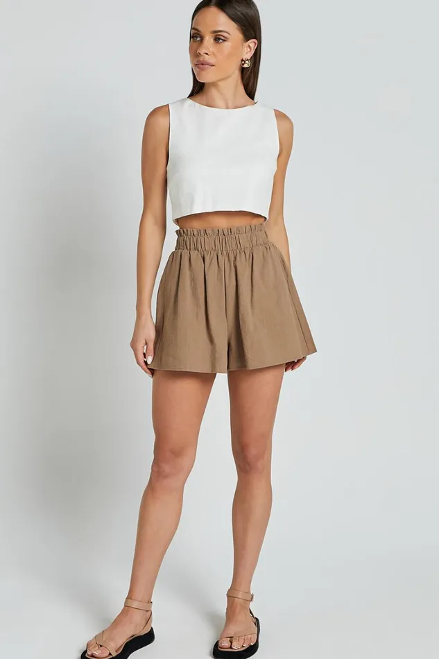 Hiromi Shorts 8211 High Waisted Linen Look ALine Shorts In Biscuit Women Showpo Shorts