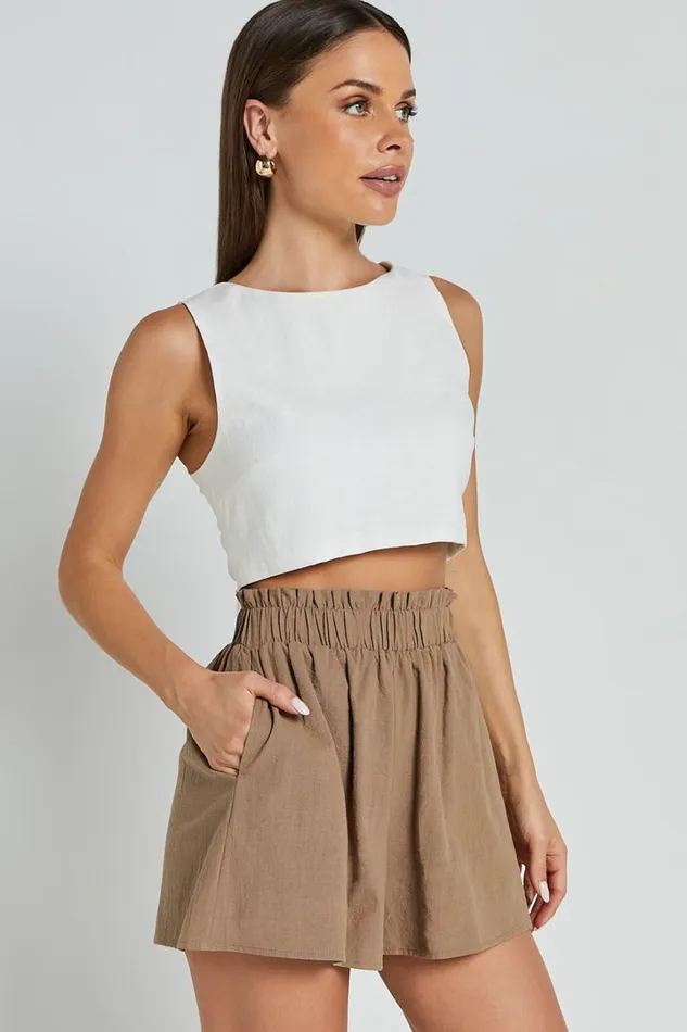 Hiromi Shorts 8211 High Waisted Linen Look ALine Shorts In Biscuit Women Showpo Shorts