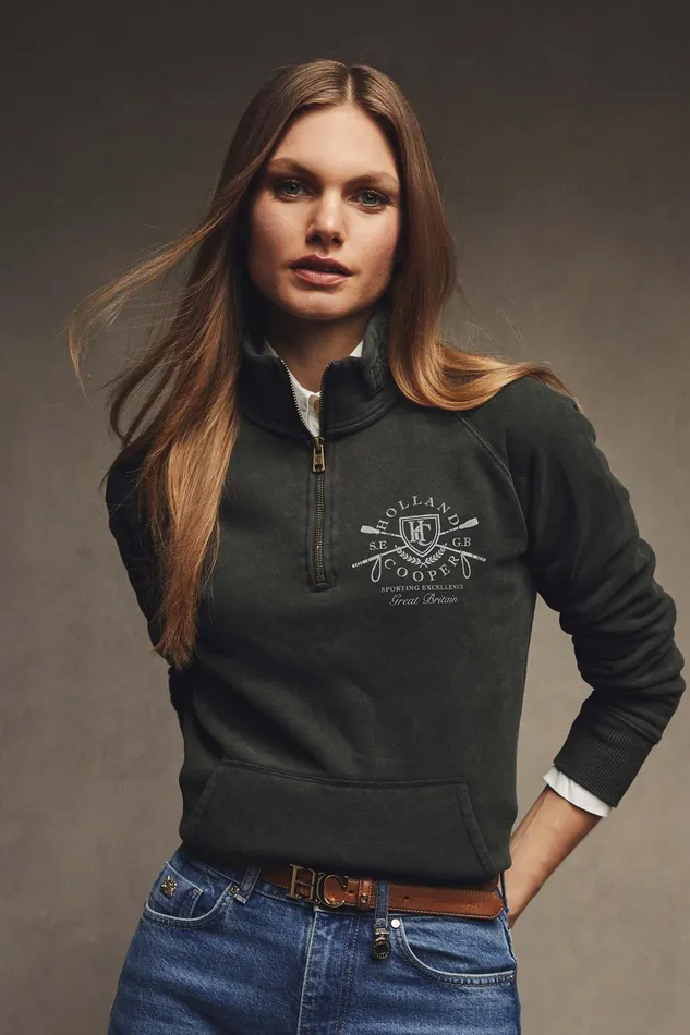 Holland Cooper Henley Women Crest Zip Henley Racing Green