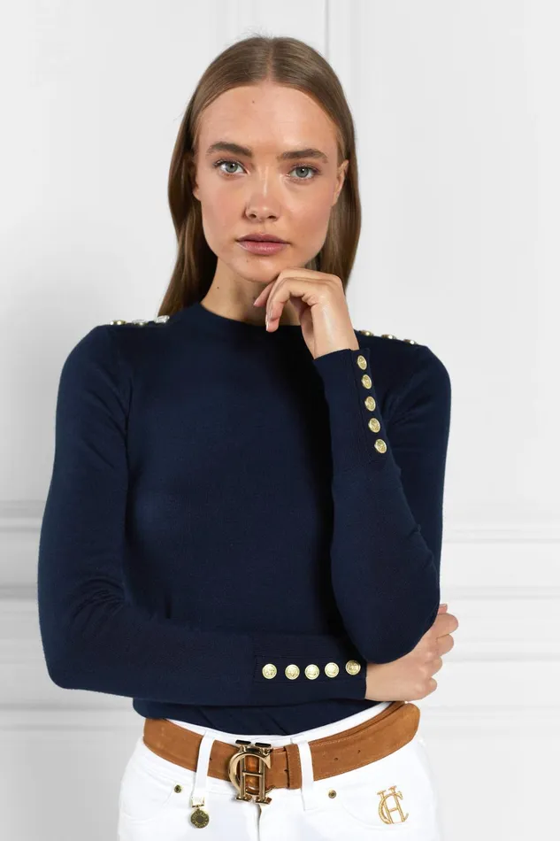 Holland Cooper Knitwear Women Buttoned Knit Crew Neck Ink Navy