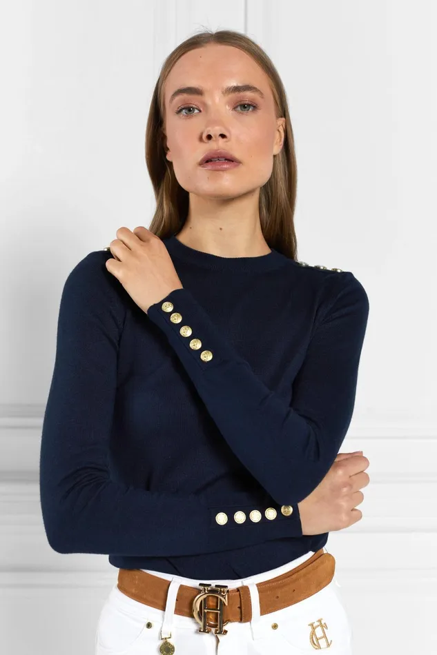 Holland Cooper Knitwear Women Buttoned Knit Crew Neck Ink Navy Holland Cooper Knitwear Women Buttoned Knit Crew Neck Ink Navy
