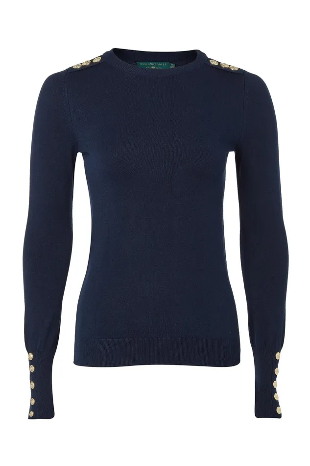 Holland Cooper Knitwear Women Buttoned Knit Crew Neck Ink Navy Holland Cooper Knitwear Women Buttoned Knit Crew Neck Ink Navy