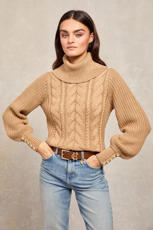 Holland Cooper Knitwear Women Corded Roll Neck Knit Camel