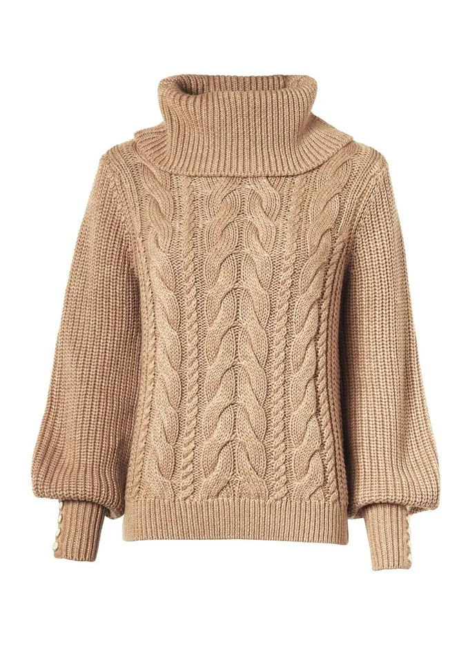 Holland Cooper Knitwear Women Corded Roll Neck Knit Camel Holland Cooper Knitwear Women Corded Roll Neck Knit Camel