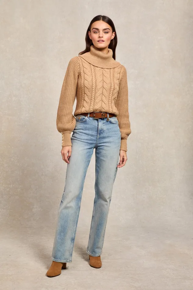 Holland Cooper Knitwear Women Corded Roll Neck Knit Camel Holland Cooper Knitwear Women Corded Roll Neck Knit Camel