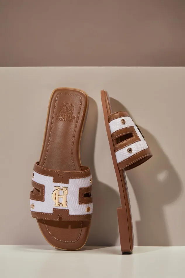 Holland Cooper Sandals and Slides Women Monogram Slides Tan Canvas Holland Cooper Sandals and Slides Women Monogram Slides Tan Canvas
