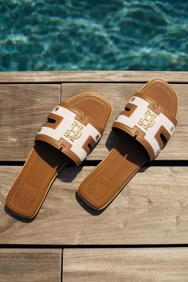 Holland Cooper Sandals and Slides Women Monogram Slides Tan Canvas Holland Cooper Sandals and Slides Women Monogram Slides Tan Canvas