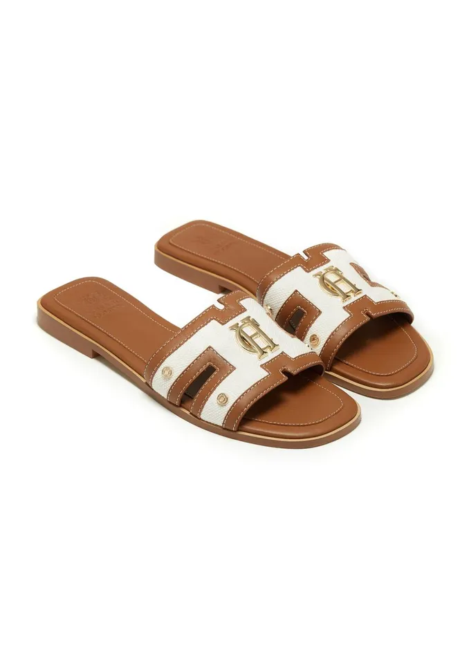 Holland Cooper Sandals and Slides Women Monogram Slides Tan Canvas Holland Cooper Sandals and Slides Women Monogram Slides Tan Canvas