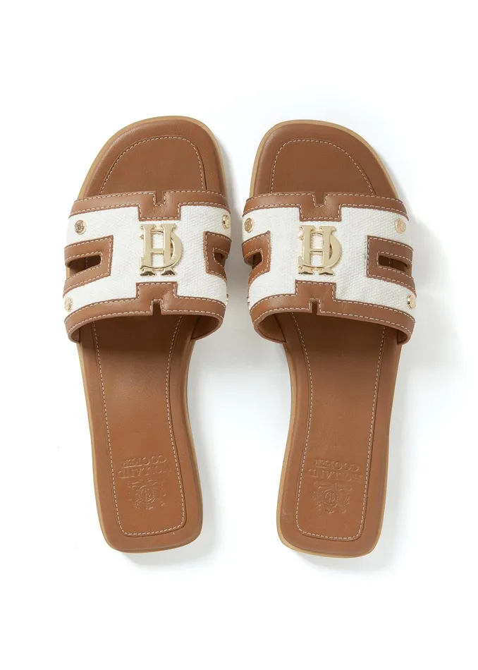 Holland Cooper Sandals and Slides Women Monogram Slides Tan Canvas Holland Cooper Sandals and Slides Women Monogram Slides Tan Canvas