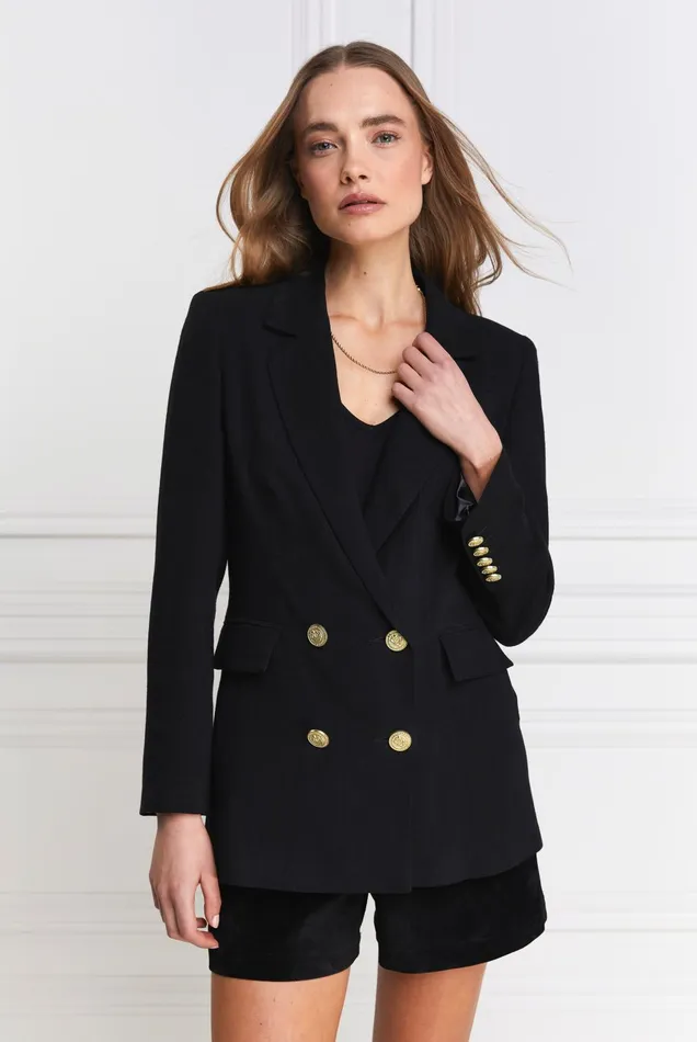Holland Cooper Tailoring Women Double Breasted Blazer Black Linen