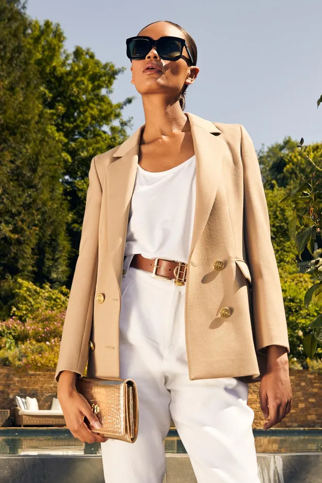Holland Cooper Tailoring Women Double Breasted Blazer Camel Twill