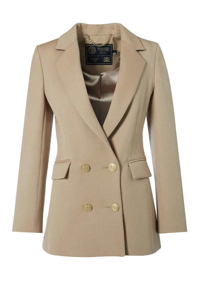 Holland Cooper Tailoring Women Double Breasted Blazer Camel Twill