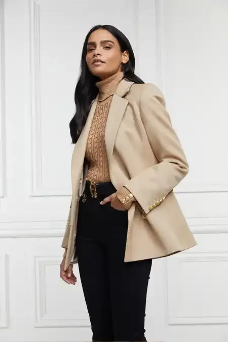 Holland Cooper Tailoring Women Double Breasted Blazer Camel Twill