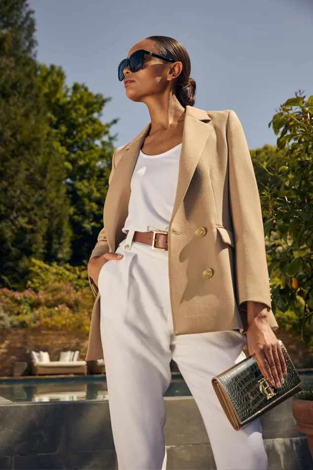 Holland Cooper Tailoring Women Double Breasted Blazer Camel Twill