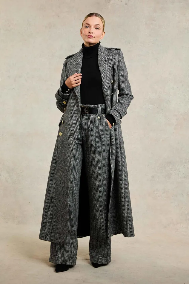 Holland Cooper Tailoring Women The Great Coat Wide Tooth Black Herringbone