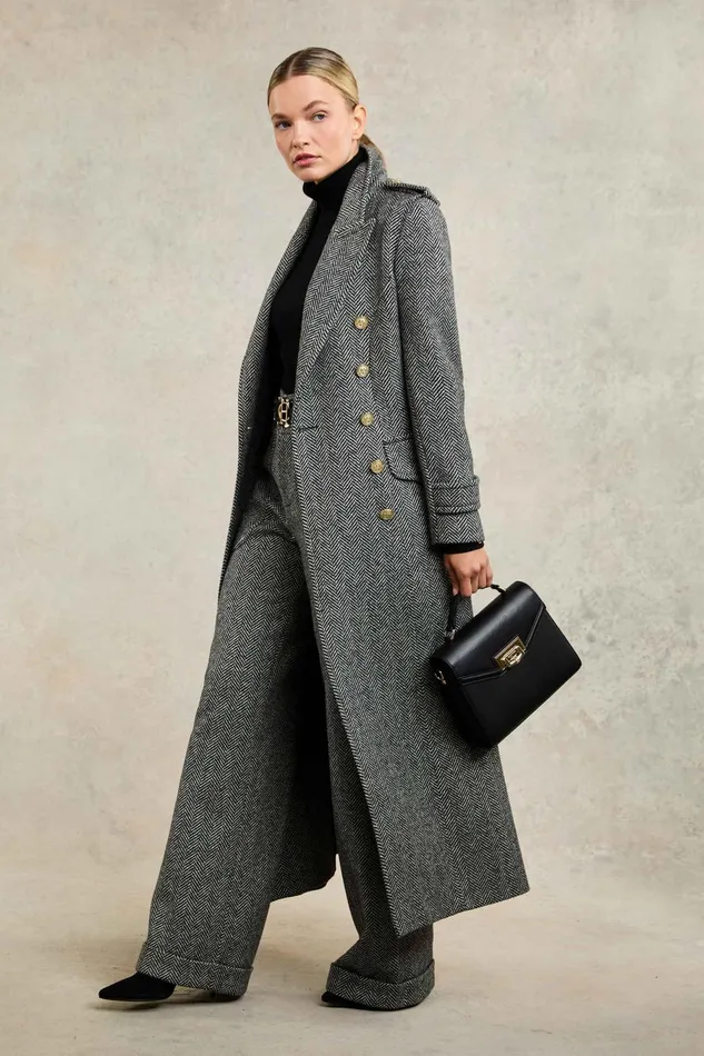 Holland Cooper Tailoring Women The Great Coat Wide Tooth Black Herringbone