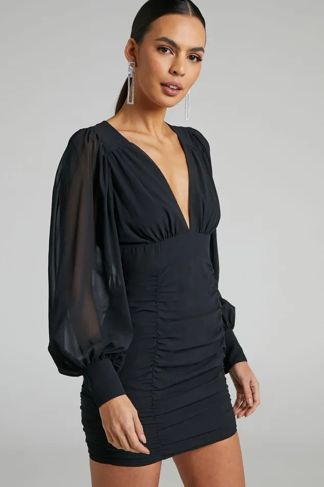 Hollis Mini Dress 8211 Ruched Long Sleeve Plunge Neck Dress In Black Women Showpo Curve Clothes