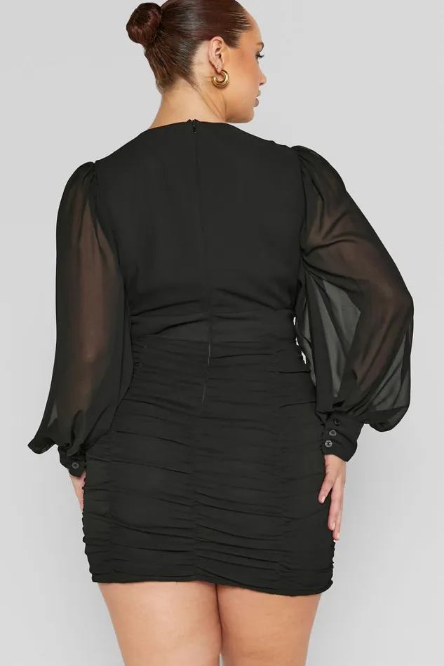 Hollis Mini Dress 8211 Ruched Long Sleeve Plunge Neck Dress In Black Women Showpo Curve Clothes