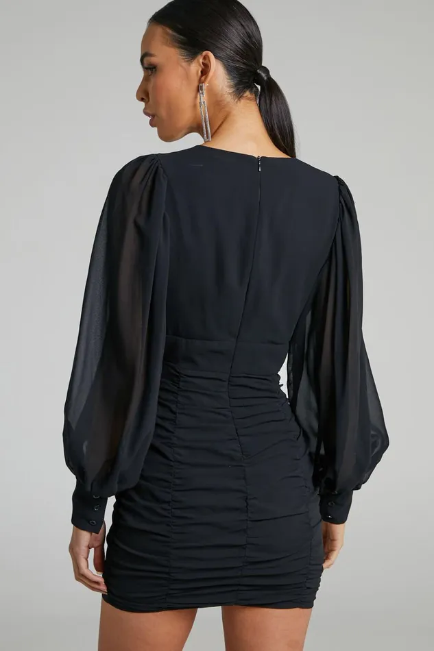 Hollis Mini Dress 8211 Ruched Long Sleeve Plunge Neck Dress In Black Women Showpo Curve Clothes