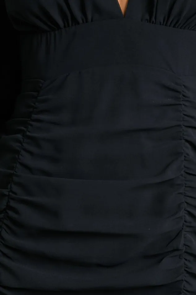 Hollis Mini Dress 8211 Ruched Long Sleeve Plunge Neck Dress In Black Women Showpo Curve Clothes