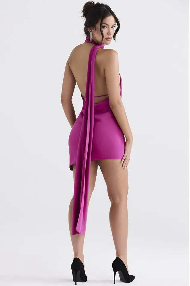 House Of CB AidaHot Pink Asymmetric Wrap Neck Dress 8211 SALE Hot Women Mini Dresses