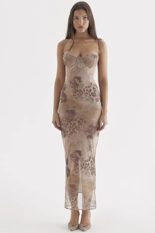 House Of CB AizaCream Floral Print Maxi Dress Cream Women Corset Dresses