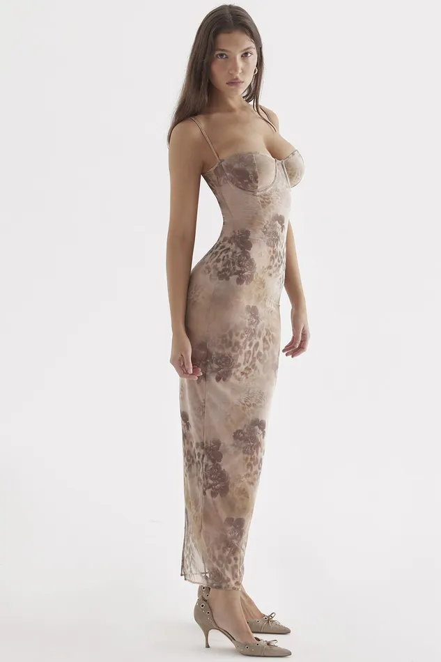House Of CB AizaCream Floral Print Maxi Dress Cream Women Corset Dresses