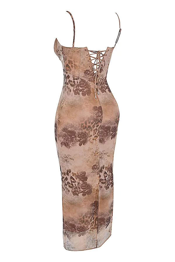 House Of CB AizaCream Floral Print Maxi Dress Cream Women Corset Dresses
