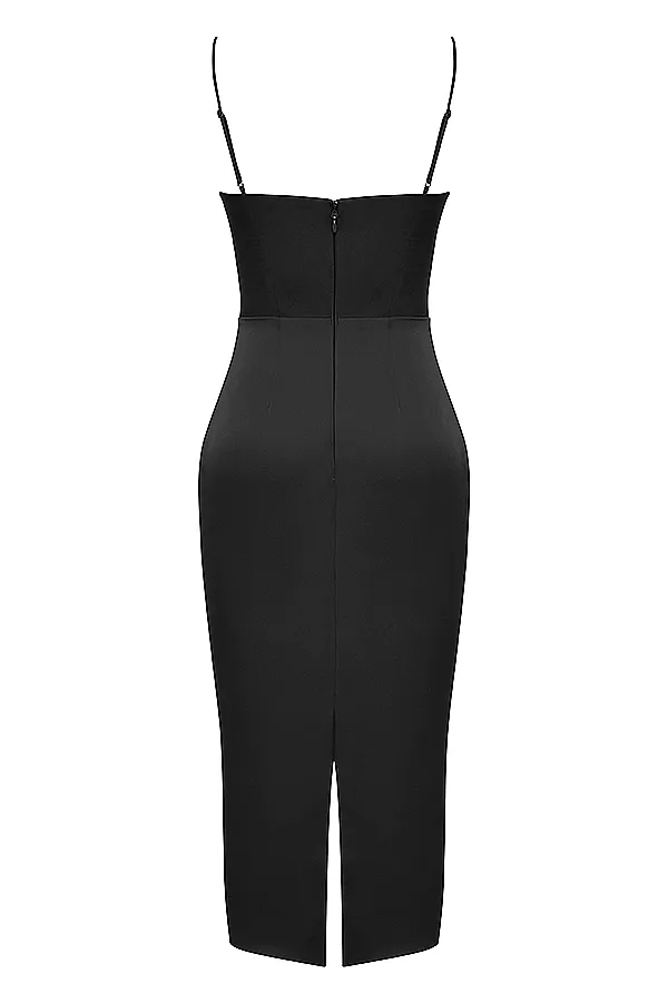 House Of CB AnaisBlack Satin Pointed Corset Midi Dress Black Women Bodycon Dresses