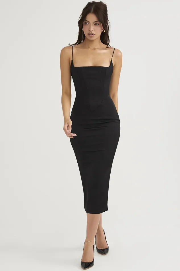 House Of CB AnaisBlack Satin Pointed Corset Midi Dress Black Women Bodycon Dresses
