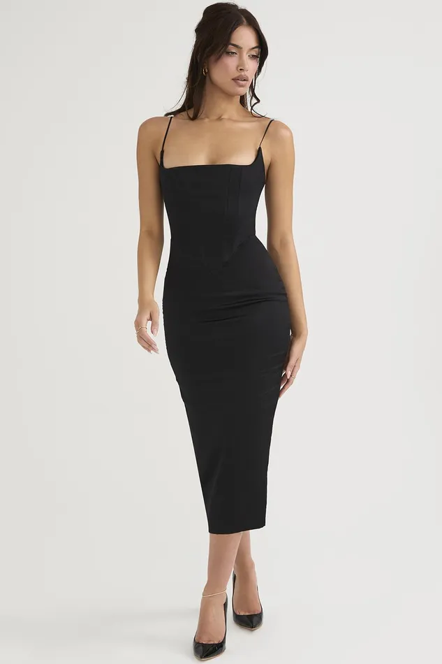 House Of CB AnaisBlack Satin Pointed Corset Midi Dress Black Women Bodycon Dresses