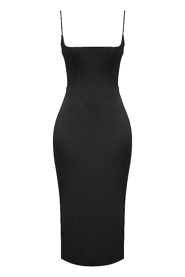 House Of CB AnaisBlack Satin Pointed Corset Midi Dress Black Women Bodycon Dresses