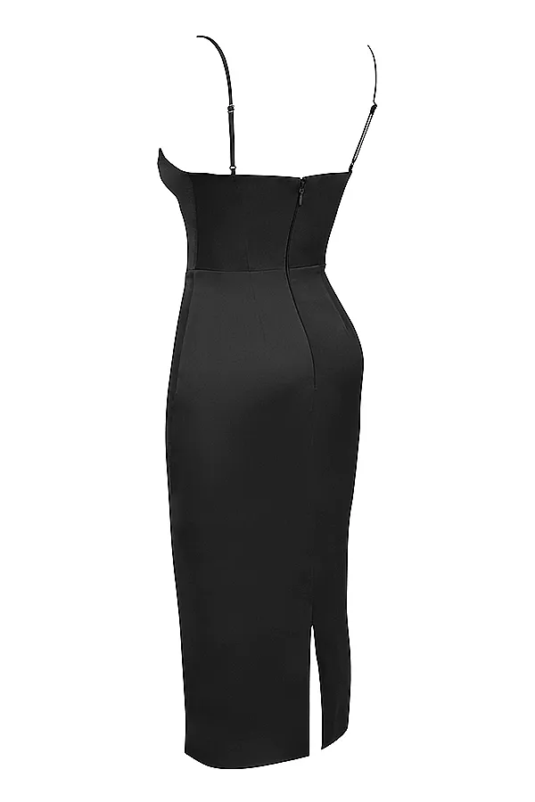 House Of CB AnaisBlack Satin Pointed Corset Midi Dress Black Women Bodycon Dresses