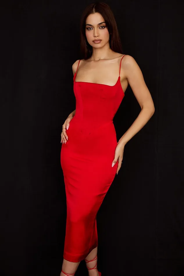 House Of CB AnaisScarlet Satin Corset Midi Dress Scarlet Women Bodycon Dresses