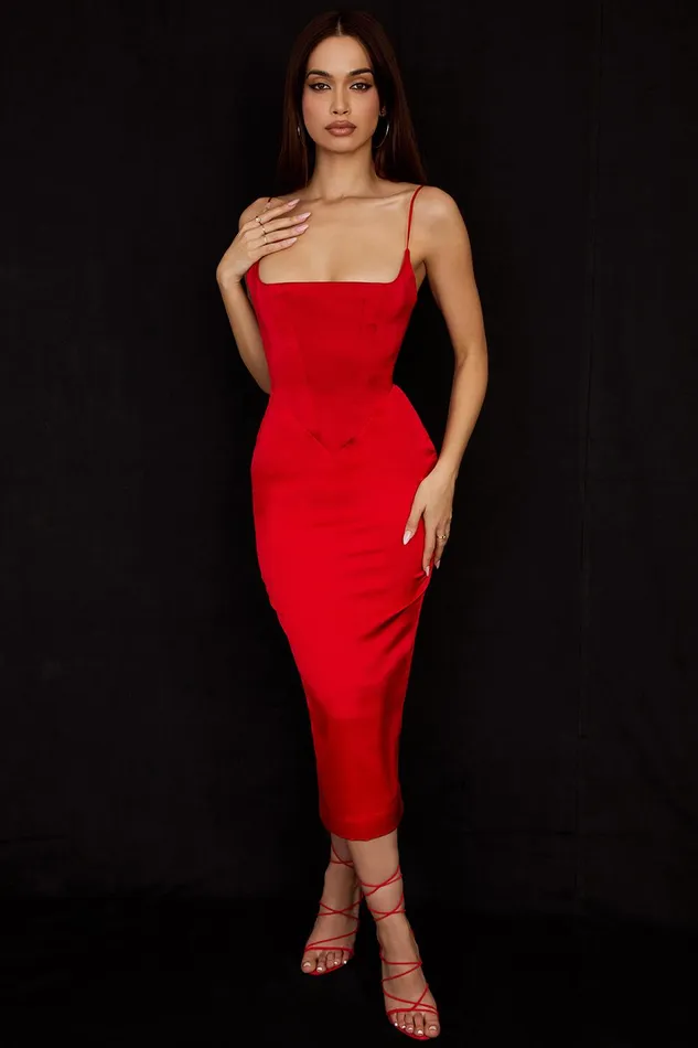 House Of CB AnaisScarlet Satin Corset Midi Dress Scarlet Women Bodycon Dresses
