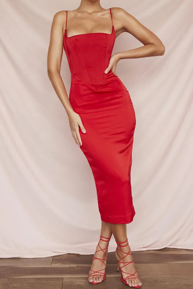House Of CB AnaisScarlet Satin Corset Midi Dress Scarlet Women Bodycon Dresses