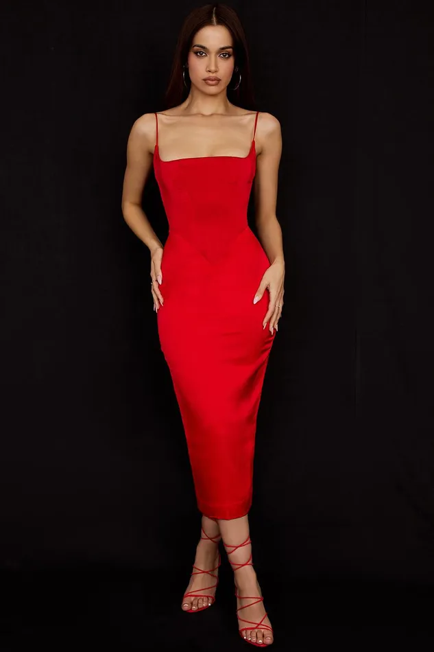 House Of CB AnaisScarlet Satin Corset Midi Dress Scarlet Women Bodycon Dresses