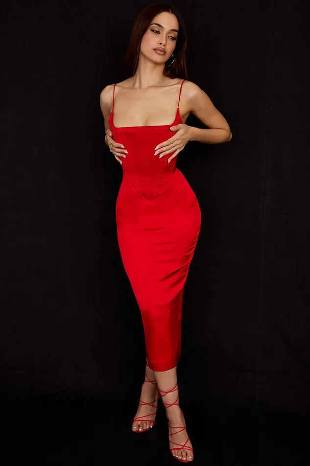 House Of CB AnaisScarlet Satin Corset Midi Dress Scarlet Women Bodycon Dresses