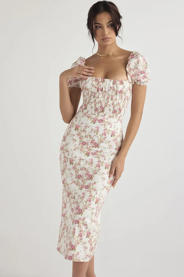 House Of CB BellucciRose Print Shirred Sundress 8211 SALE Rose Women Floral Dresses