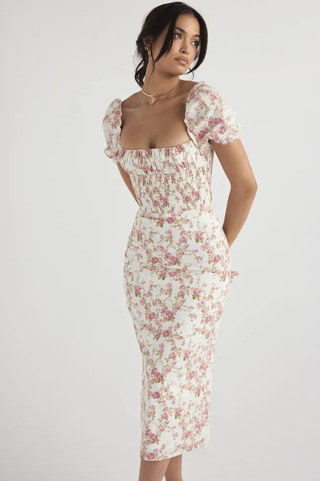 House Of CB BellucciRose Print Shirred Sundress 8211 SALE Rose Women Floral Dresses