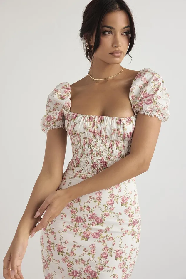 House Of CB BellucciRose Print Shirred Sundress 8211 SALE Rose Women Floral Dresses
