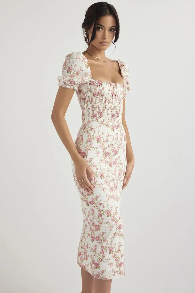 House Of CB BellucciRose Print Shirred Sundress 8211 SALE Rose Women Floral Dresses