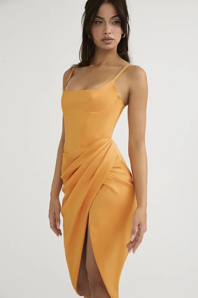 House Of CB BiancaTangerine Satin Pleated Corset Midi Dress 8211 SALE Tangerine Women Corset Dresses