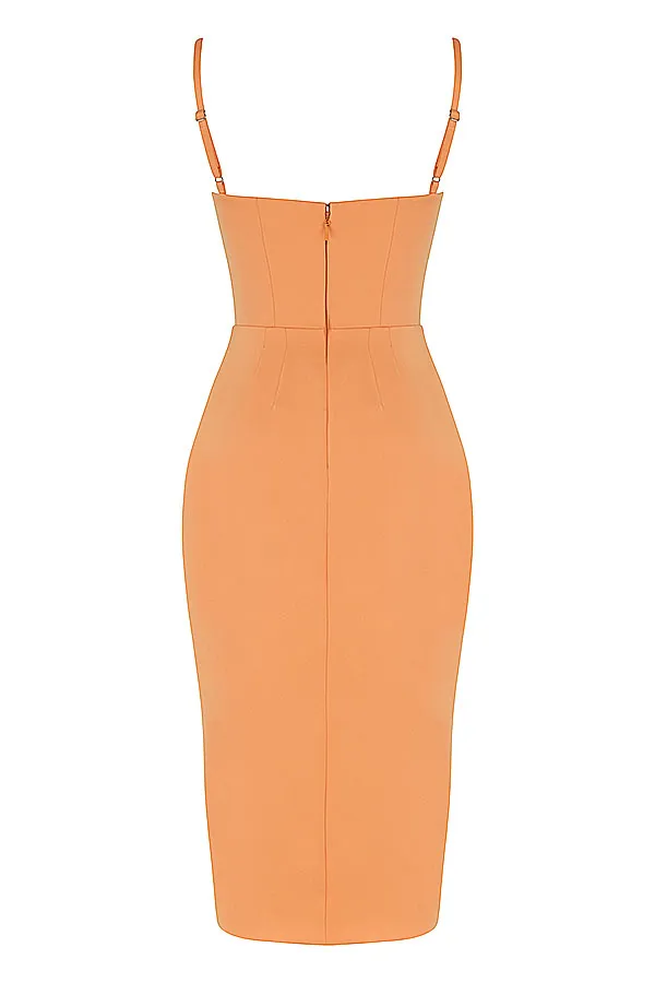 House Of CB BiancaTangerine Satin Pleated Corset Midi Dress 8211 SALE Tangerine Women Corset Dresses