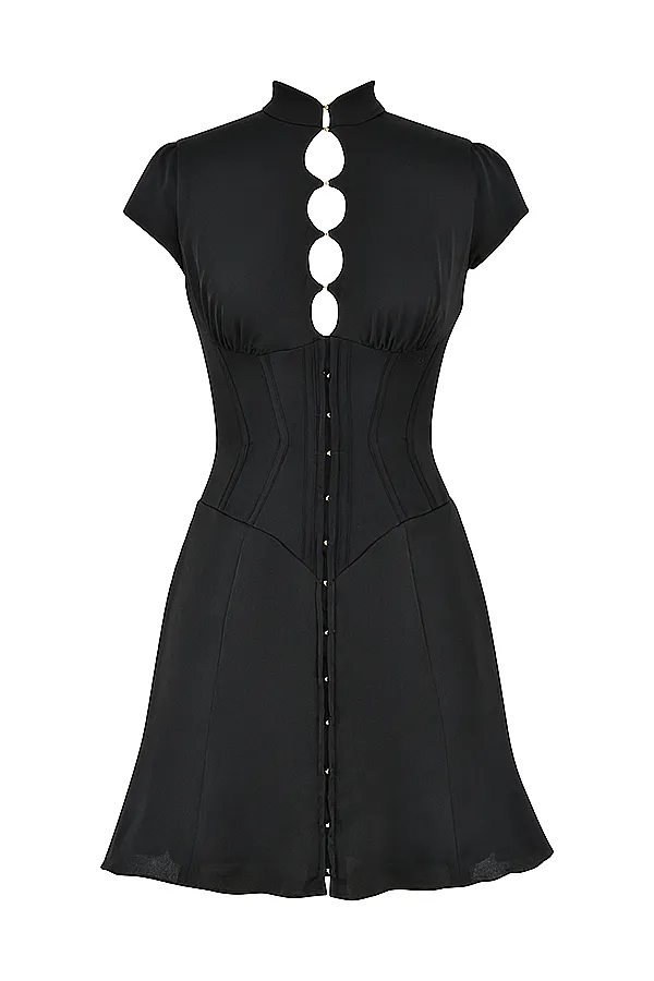 House Of CB CarminaBlack Satin Fluted Corset Mini Dress 8211 SALE Black Women Corset Dresses