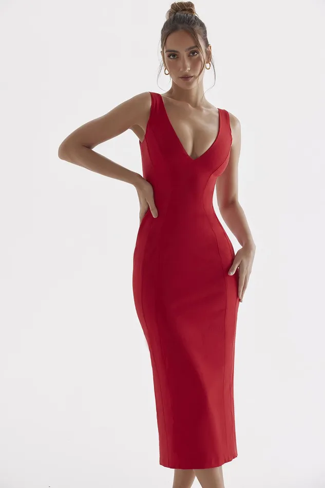 House Of CB CeceRed Rose Plunge Maxi Dress 8211 SALE Red Women Bodycon Dresses