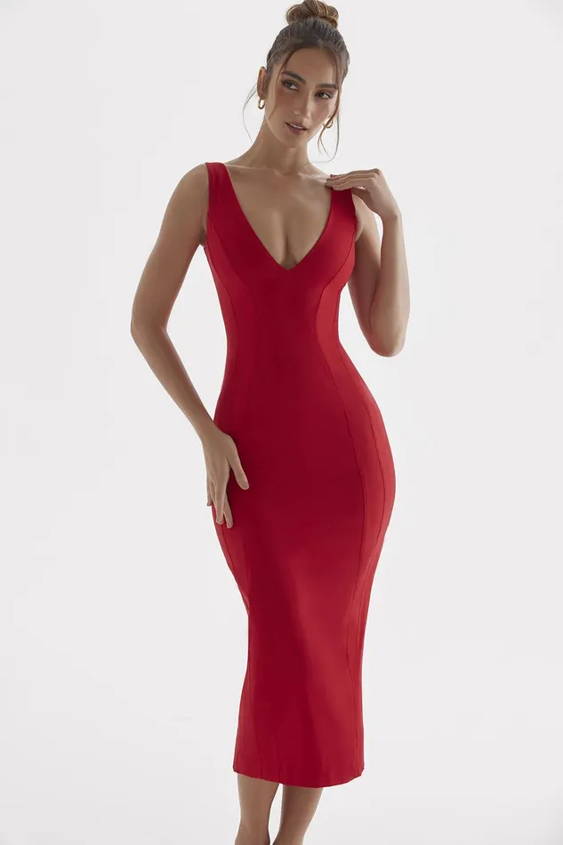 House Of CB CeceRed Rose Plunge Maxi Dress 8211 SALE Red Women Bodycon Dresses