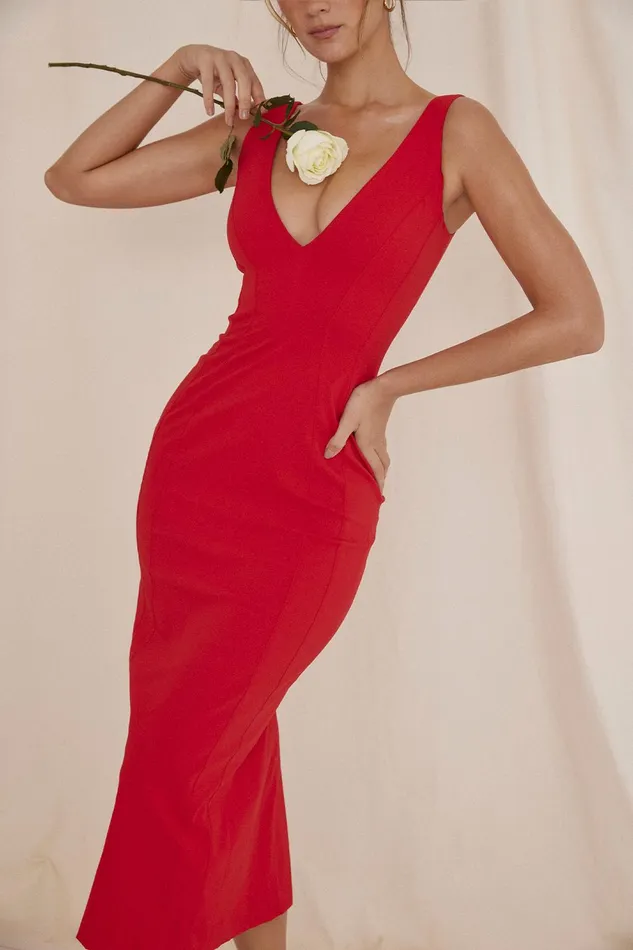 House Of CB CeceRed Rose Plunge Maxi Dress 8211 SALE Red Women Bodycon Dresses