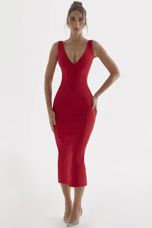 House Of CB CeceRed Rose Plunge Maxi Dress 8211 SALE Red Women Bodycon Dresses