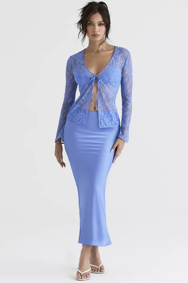 House Of CB ClaraBlue Satin Bias Cut Midi Skirt 8211 SALE Blue Women Skirts